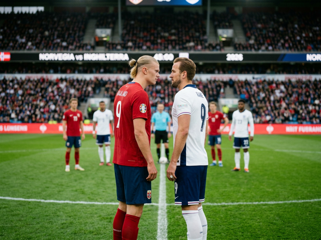 Two football players in red and white jerseys stand face to face at center field during a match