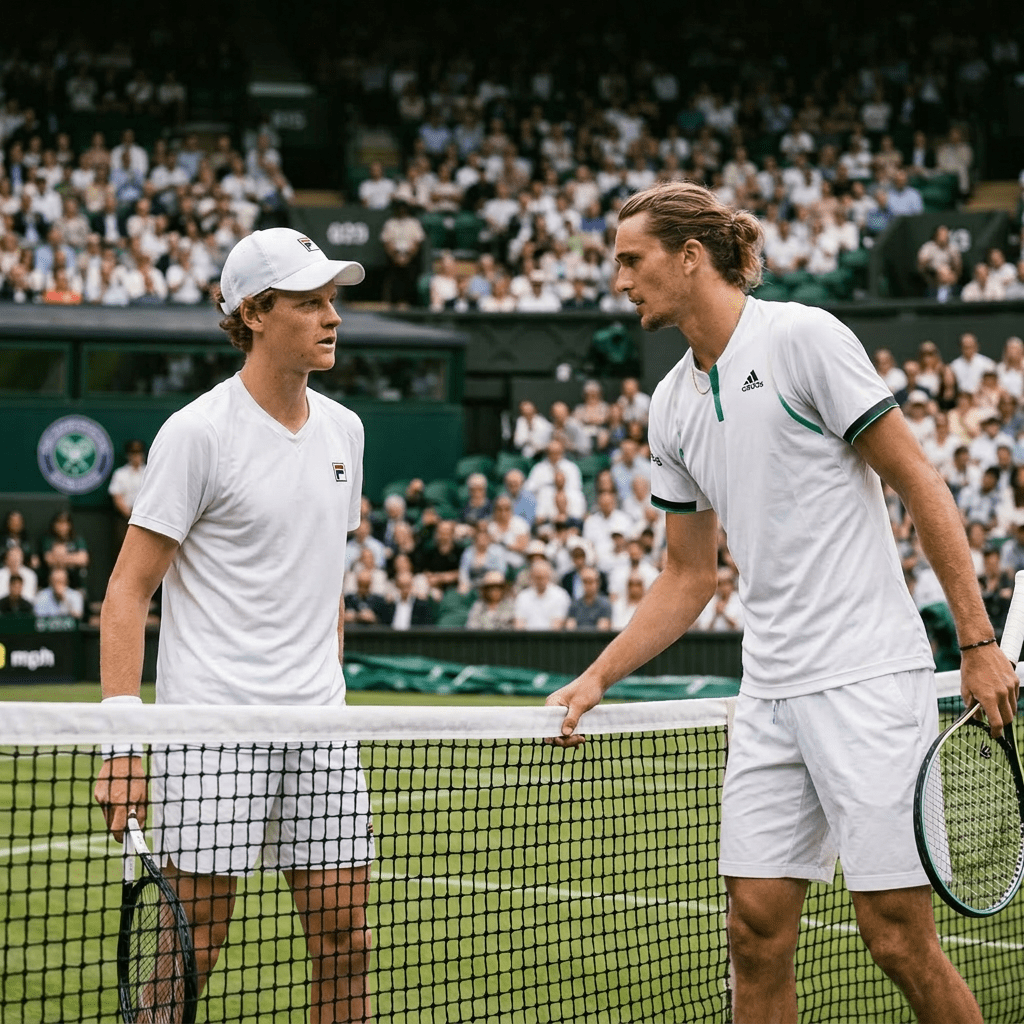 Two male tennis players in white attire standing at the net on a grass court