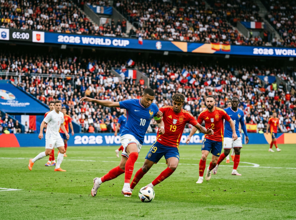 French and Spanish soccer players contesting for the ball during a 2026 World Cup match
