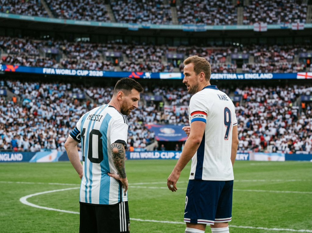 Messi wearing Argentina jersey number 10 and Kane in England jersey number 9 talking on soccer field