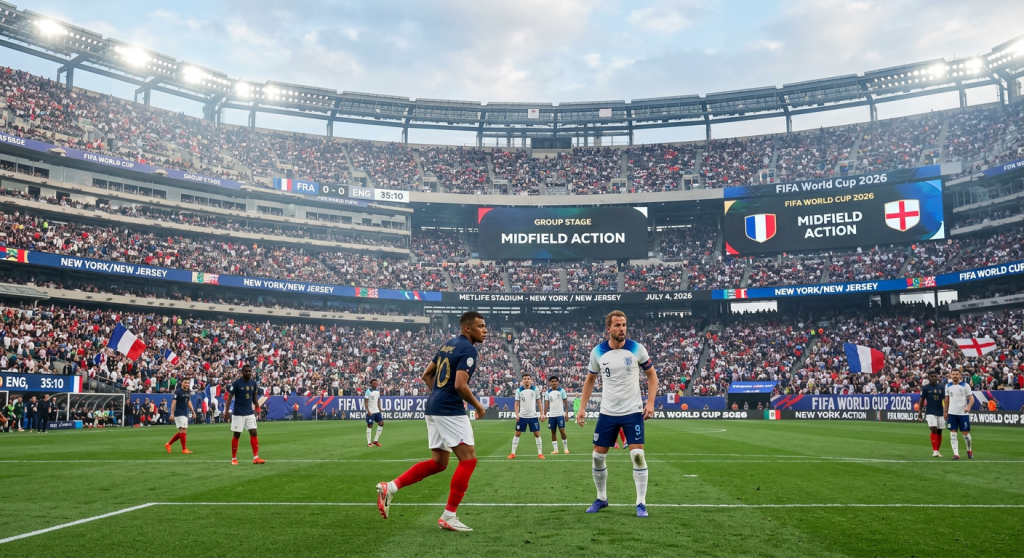 France and England players in midfield battle during FIFA World Cup 2026 group stage at MetLife Stadium
