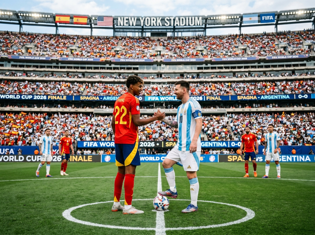 Spain and Argentina captains shaking hands at center circle before kickoff at MetLife Stadium World Cup final