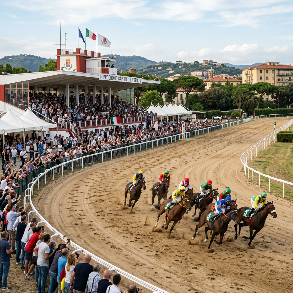 Horse race with jockeys on dirt track and spectators at Livorno racecourse
