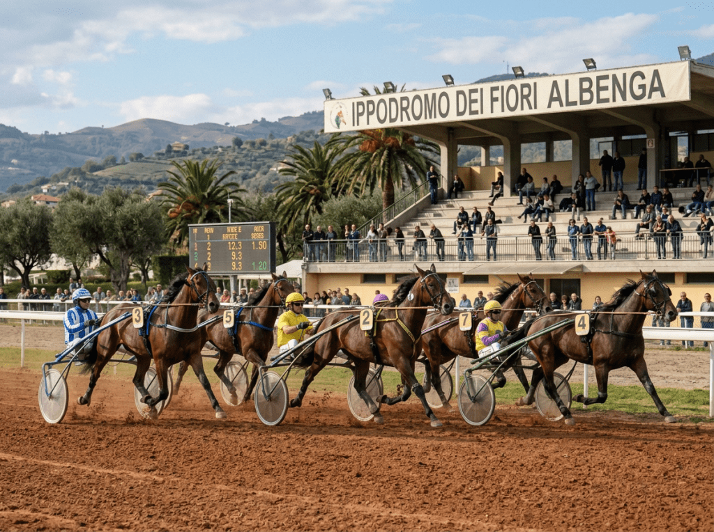 Six jockeys riding horses racing on a dirt track at Ippodromo dei Fiori Albenga