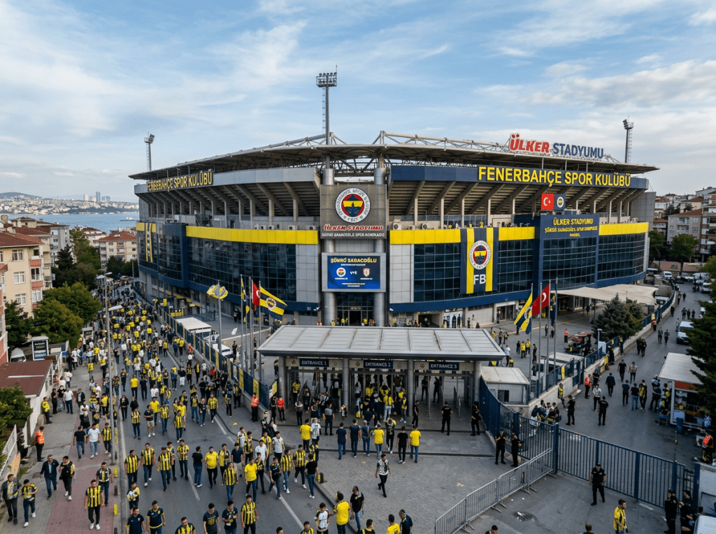 Ülker Stadium entrance with Fenerbahçe fans wearing yellow and navy jerseys.