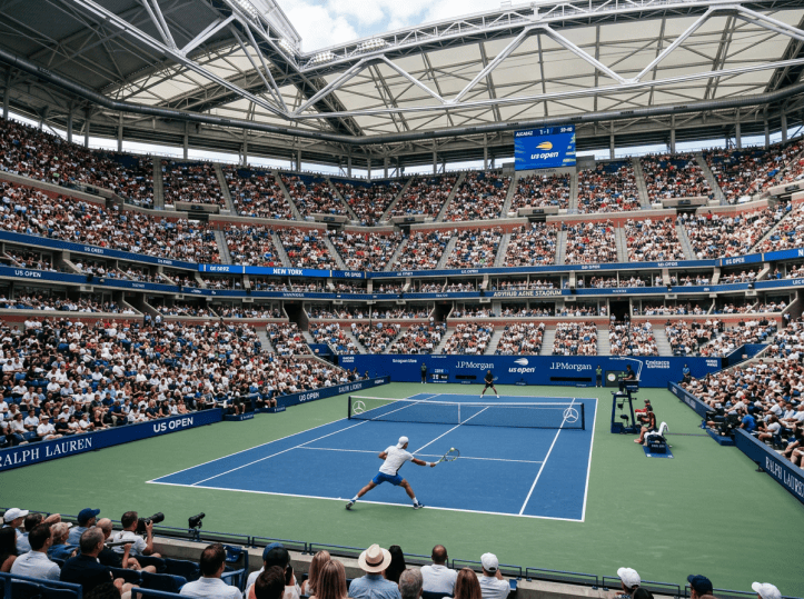 Tennis player returning a shot during a US Open match