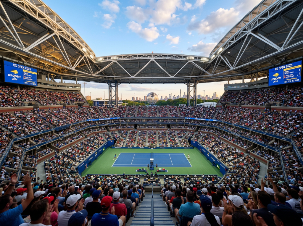 Packed tennis stadium with US Open 2026 screens and players on court