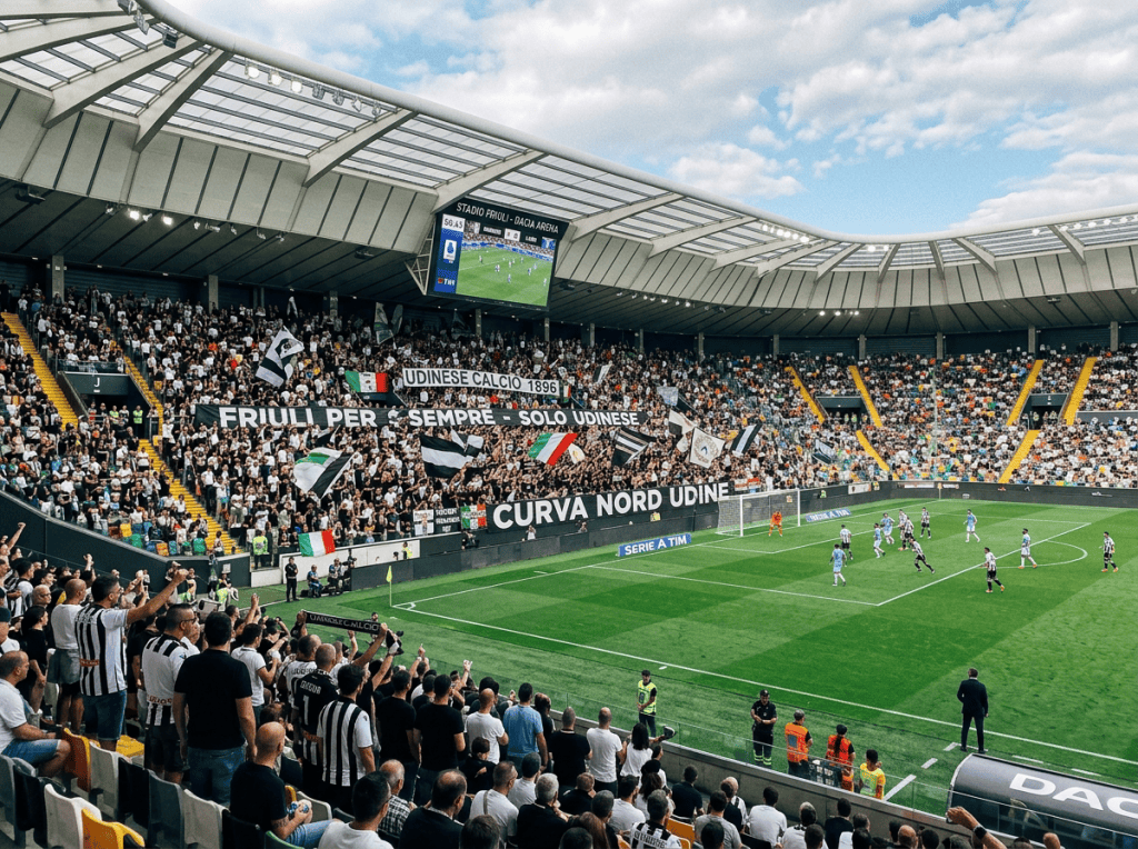 Udinese fans, flags, and banners at Stadio Friuli during a Serie A match