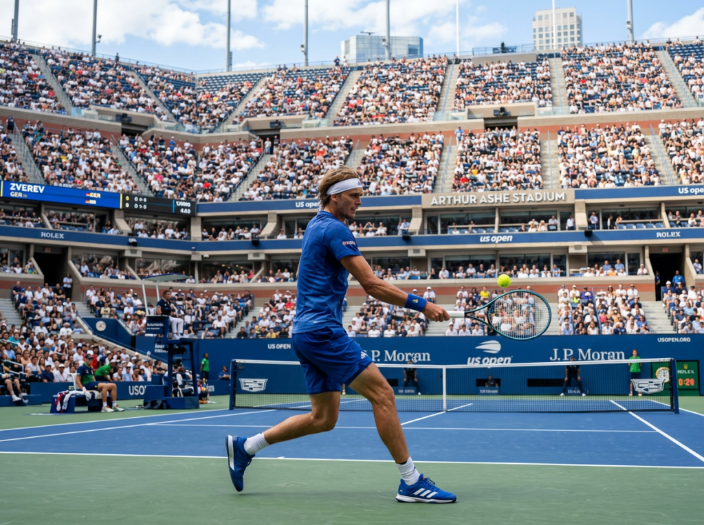 Alexander Zverev hitting a tennis ball at US Open Arthur Ashe Stadium