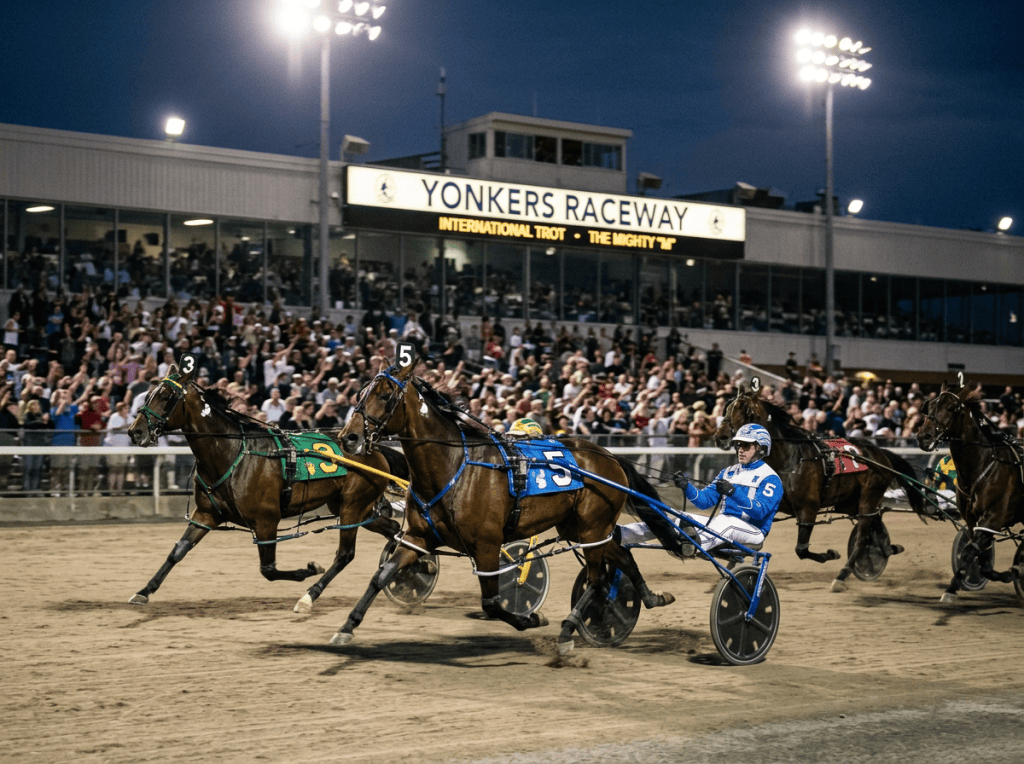 Harness racers and drivers compete beneath lights at Yonkers Raceway; sign reads “YONKERS RACEWAY.”