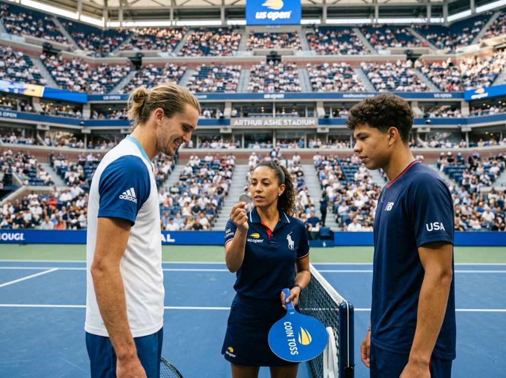 Two tennis players and official conduct a coin toss at US Open Arthur Ashe Stadium