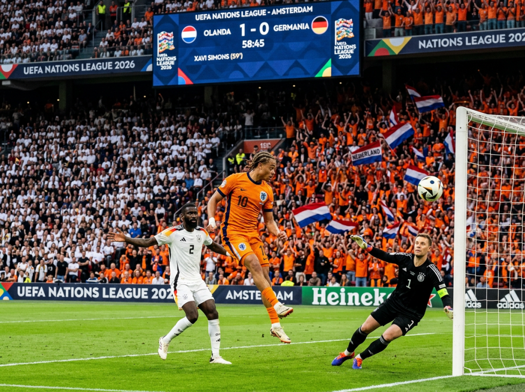Netherlands player scores against Germany; scoreboard reads OL﻿ANDA 1–0 GERMANIA, XAVI SIMONS (59'), UEFA Nations League 2026.