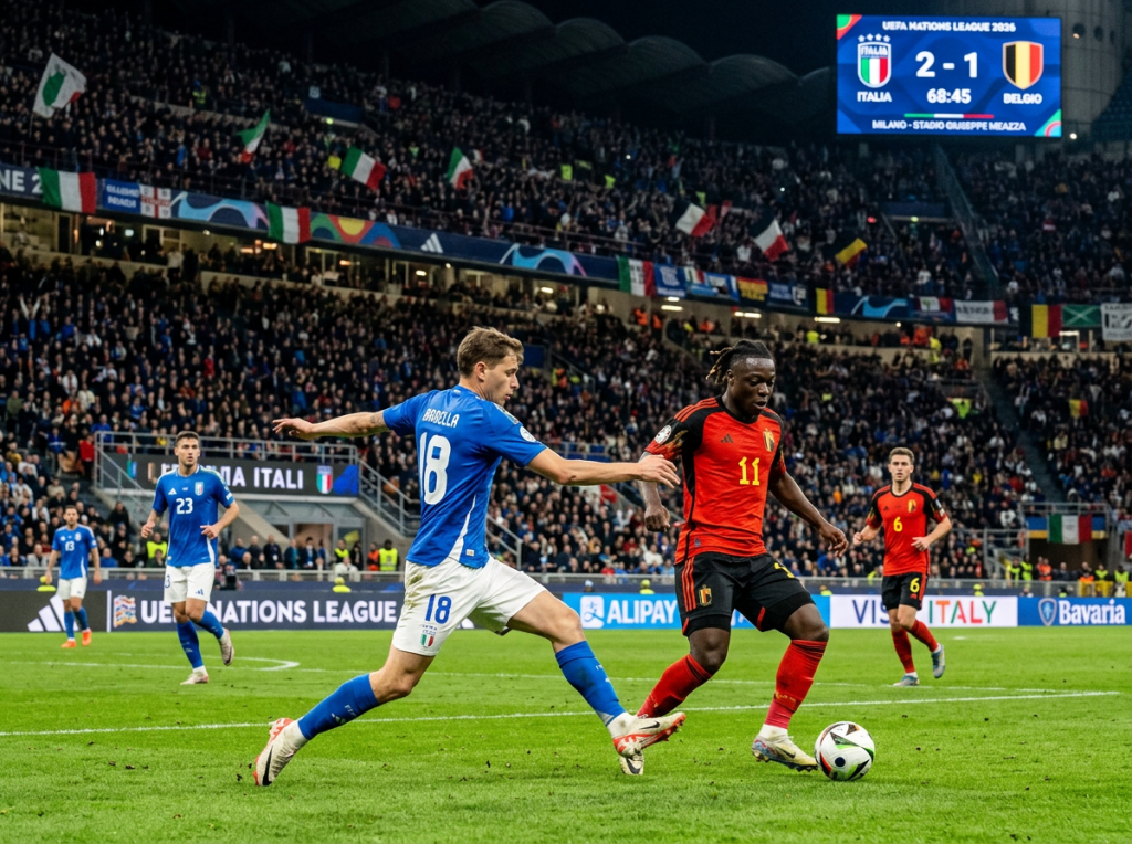 Italy's number 18 challenges Belgium's number 11 during a 2–1 match.