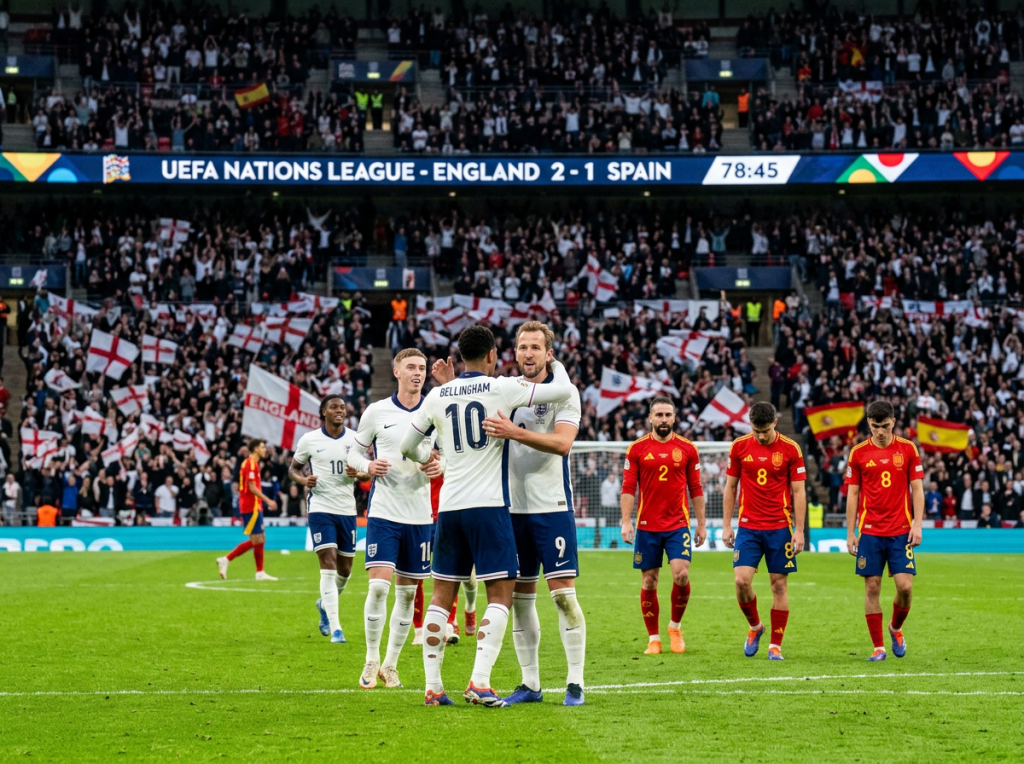 England players celebrate as scoreboard reads UEFA Nations League, England 2–1 Spain, 78:45