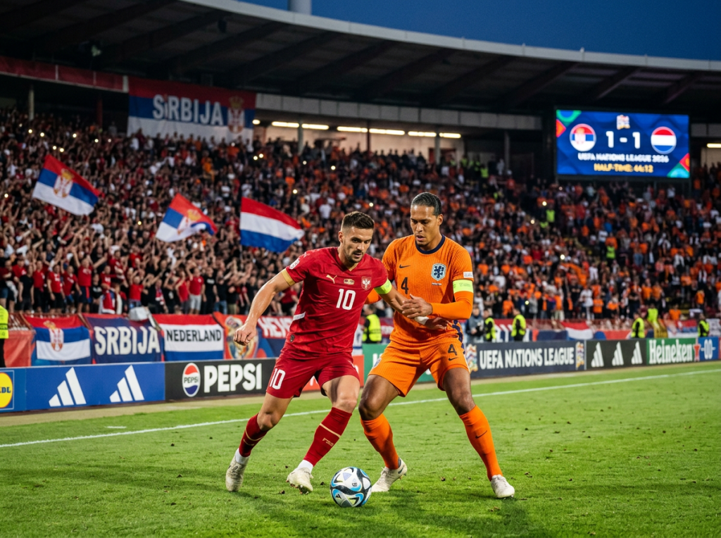 Serbia and Netherlands players contest the ball during a football match