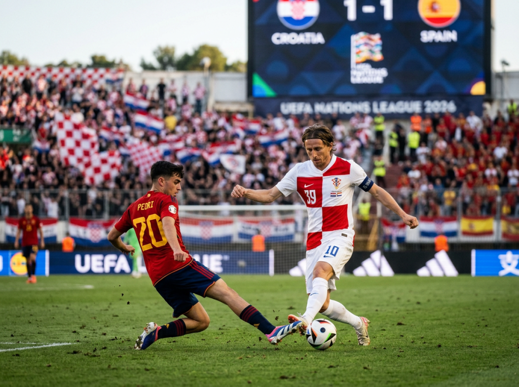 Croatia and Spain players contest the ball during a soccer match