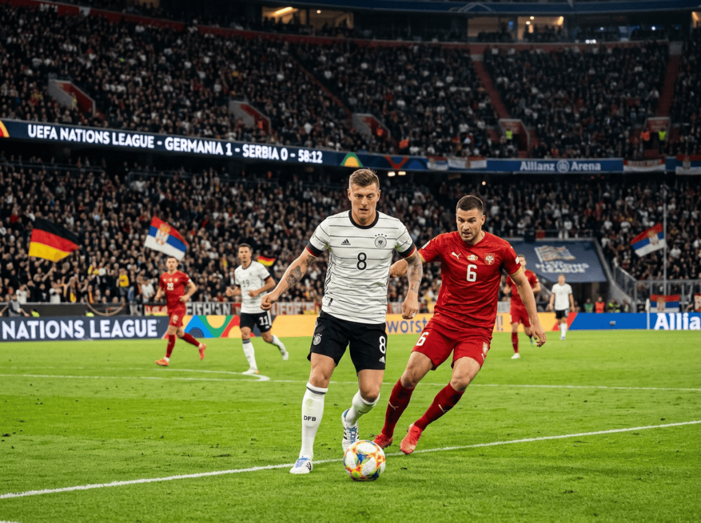 Germany and Serbia players contest the ball during a UEFA Nations League match