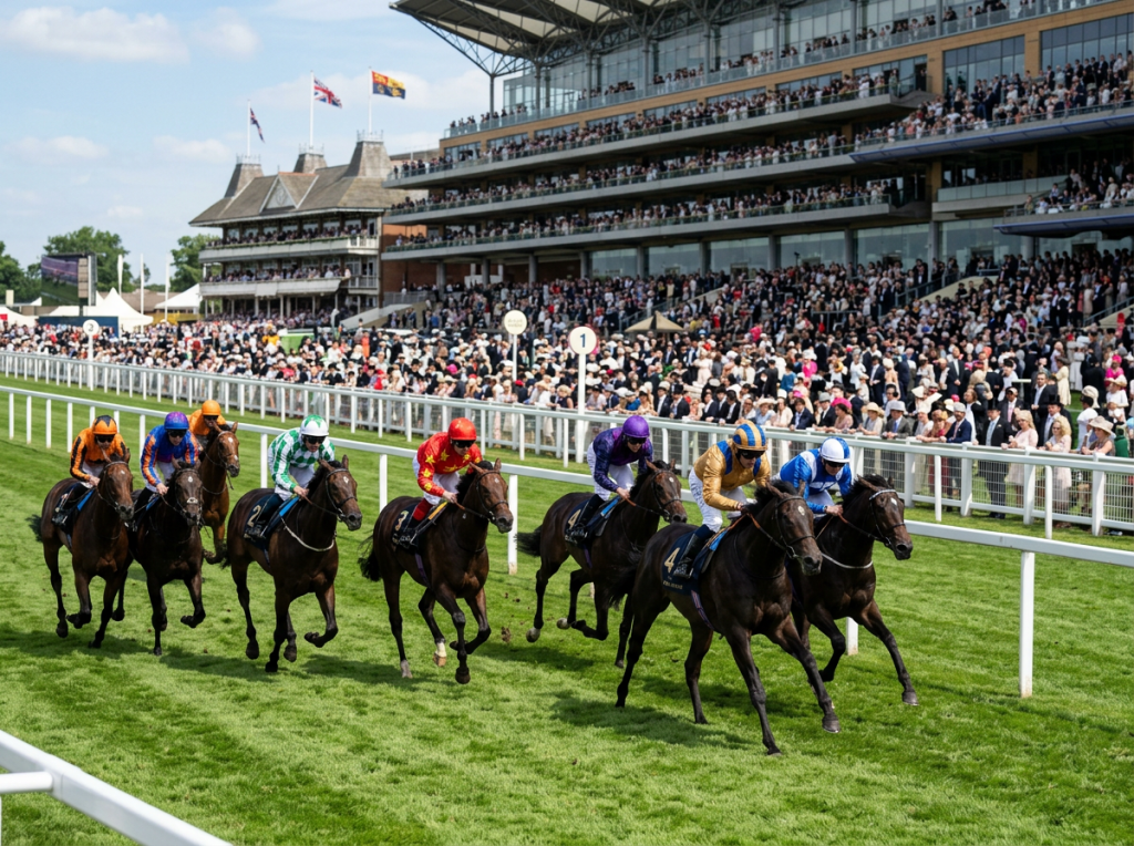 Seven racehorses and jockeys competing on a grass track before crowded grandstands
