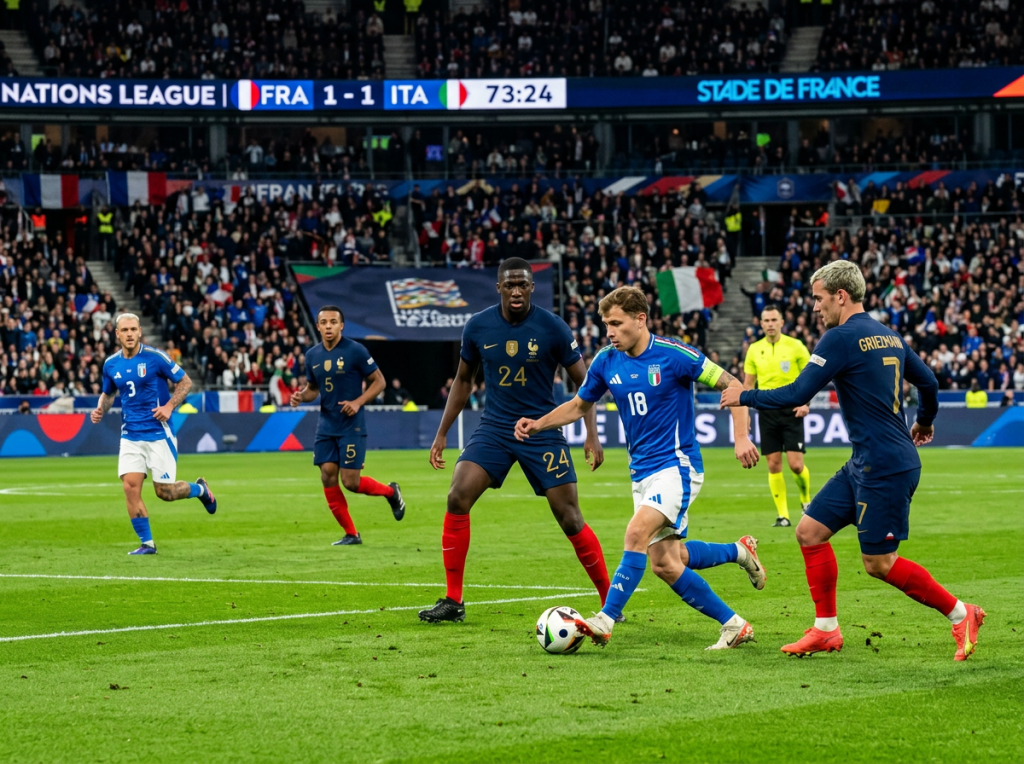 France and Italy players contest the ball during a Nations League match